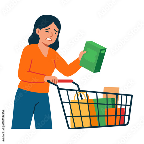 Woman examines product while shopping with cart in store aisle