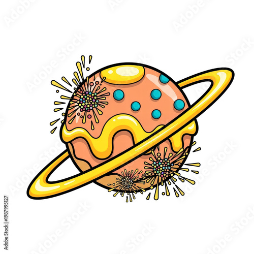 Wallpaper Mural Vibrant cartoon planet with virus-like elements and glowing ring Torontodigital.ca