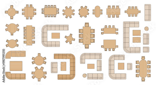 An aerial view showcasing various furniture arrangements including tables chairs and sofas