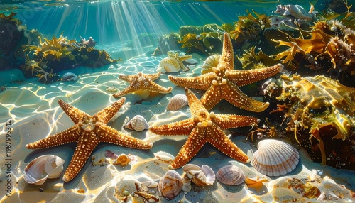 Serene underwater scene with starfish and seashells on ocean floor