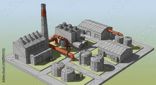 Industrial Factory Complex with Smokestack and Pipelines.