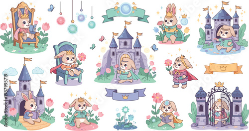 Cute Bunny Fairy Tale Royal Set with Castle, Prince, Princess, Crown, Throne, and Fantasy Kingdom Elements for Kids Storybook Designs