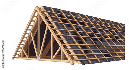 Structural frame of a house roof made of timber beams showing the complex architecture and construction of a new residential home.