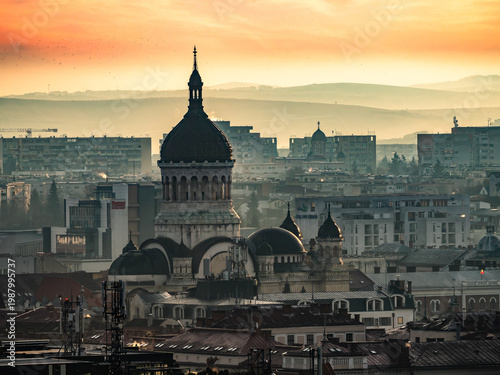 Canvastavla Cluj Orthodox Cathedral and skyline at sunrise, Romania