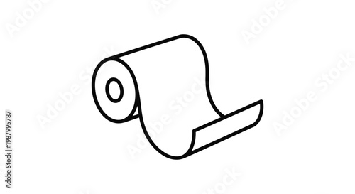 Simple black outline of a roll of paper or material showing a core and a loose end in a clean minimalist vector for design.