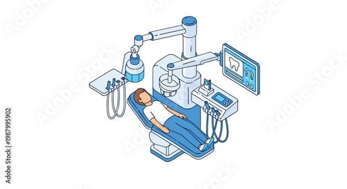 Patient receiving a dental examination on a professional chair equipped with advanced technology and a screen showing a tooth xray.