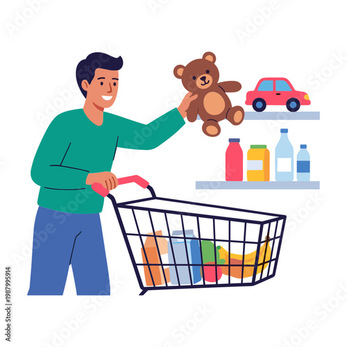 Man shopping with cart holds teddy bear near toy car and drinks