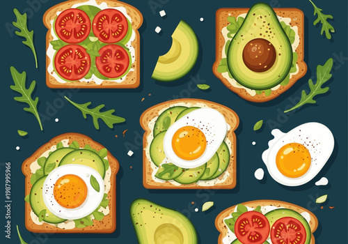 Flat Lay Vector Illustration of Assorted Healthy Avocado Toasts with Fried Eggs, Tomatoes, and Green Herbs - Concept for Brunch, Nutrition, and Clean Eating