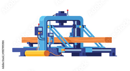 Large blue industrial machinery designed for sawing massive wooden logs into lumber within a sawmill or timber processing factory.