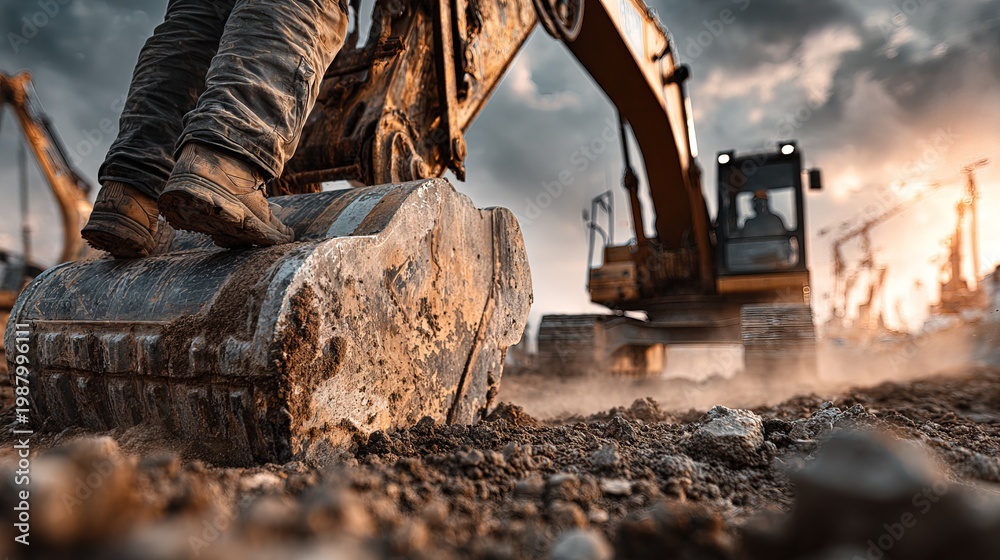Fototapeta premium Dramatic Close Up of Excavator Bucket with Construction Worker Boots Industry