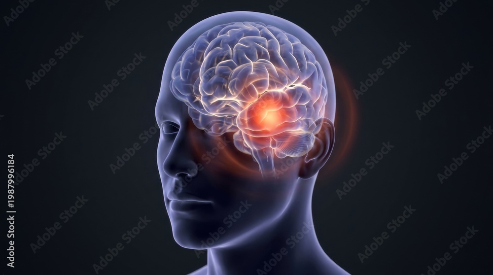 Obraz premium Glowing brain with highlighted area indicating pain or activity in a human head