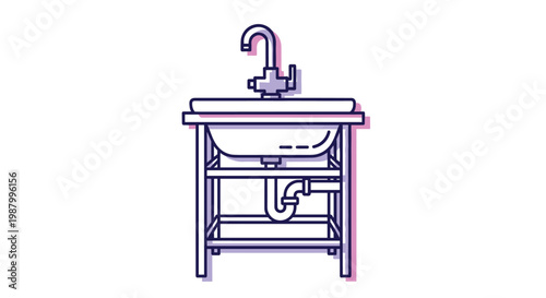 Simple plumbing fixture featuring a sink with a faucet on a metal frame with exposed pipes for an industrial kitchen design.