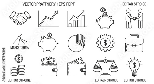 Business and Finance Icons Set Hand Drawn Sketch Style.