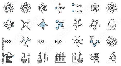 Collection of chemical formulas and scientific icons.