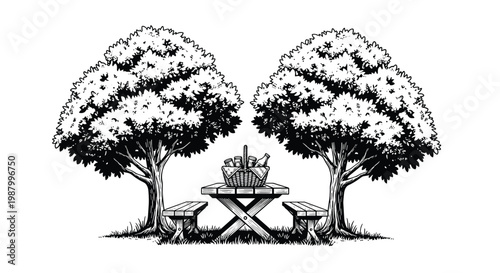 Vintage style woodcut illustration of picnic table with basket full of food situated under two large spreading leafy trees.