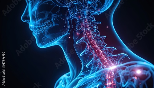 Human Anatomy Illustration of Neck and Spine with Nerves and Veins Highlighted in Blue and Red