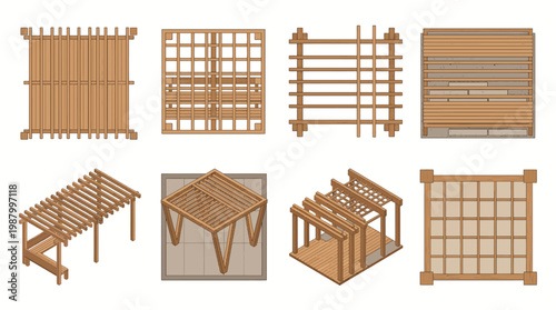 Collection of Modern Wooden Pergola Designs and Garden Structures in Isometric and Top Views for Architectural Landscaping Projects and Patio Construction Ideas