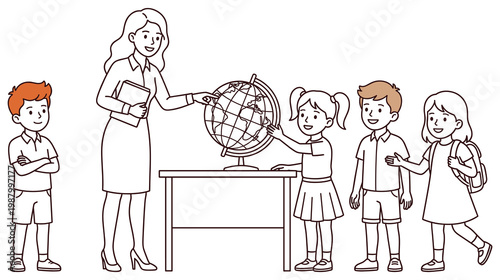 Teacher showing globe to students in classroom education lesson.