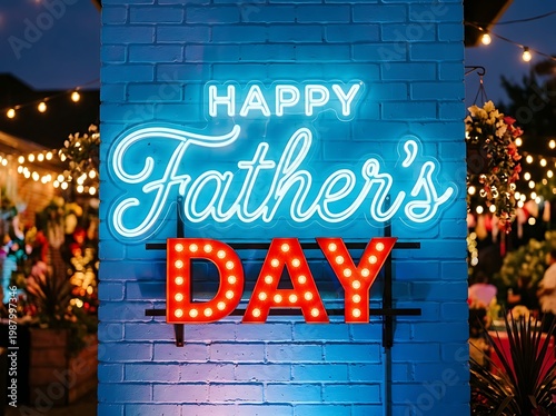 Happy Father's Day Neon and Marquee Sign on Blue Brick Wall