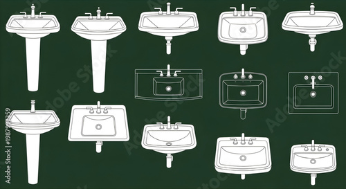 Bathroom Sink Top View Blueprint Vector – Detailed Wash Basin AutoCAD Plumbing Fixture Layout Plan White Outline on Dark Green Background