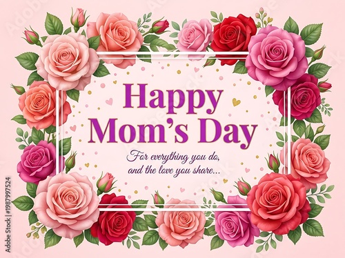 Happy Mother's Day Card with Elegant Roses and Decorative Frame
