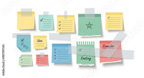 Collection of colorful sticky notes with handwritten text and drawings attached to a white background with tape.