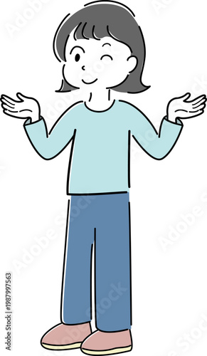 両手を広げてウインクする女性の全身シンプルイラスト(案内・解説・困惑・お手上げ・人物素材） / 
Full body woman spreading hands and blinking simple line illustration (guidance, explanation, advice, helpless gesture, people)e)