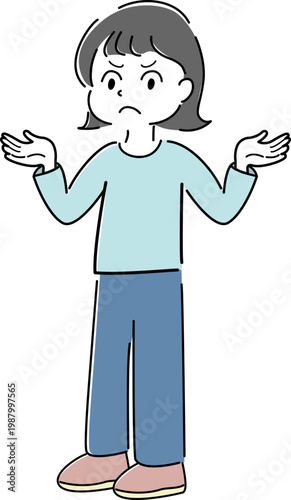 両手を広げて説明する女性の全身シンプルイラスト（怒り・注意・困惑・お手上げ・人物素材） /
Full body woman spreading hands and angry simple line illustration (warning, complain, explanation, confusion, helpless gesture, people)
