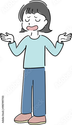 両手を広げて説明する女性の全身シンプルイラスト（案内・諦め・解説・呆れ・困惑・お手上げ・人物素材） /
Full body woman spreading hands and explaining simple line illustration (guidance, explanation, confusion, helpless gesture, people)
