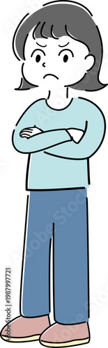 腕を組んで怒った顔の女性の全身シンプルイラスト（注意・解説・怒り・不満・困惑・人物素材） /
Full body angry woman with arms crossed simple line illustration (warning, explanation, confusion, unsatisfied,  complain, irritated, trouble)