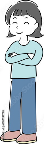 腕を組んで笑っている女性の全身シンプルイラスト（案内・解説・ポイント・笑顔・人物素材）/ Full body woman smiling with arms crossed simple line illustration (guidance, explanation, advice, tips)