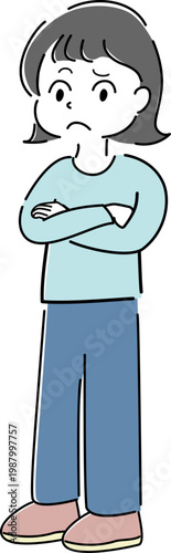 腕を組んで怒った顔の女性の全身シンプルイラスト（注意・解説・怒り・不満・困惑・人物素材） /
Full body worried woman with arms crossed simple line illustration (warning, question, confusion, unsatisfied,  complain, compare, trouble)