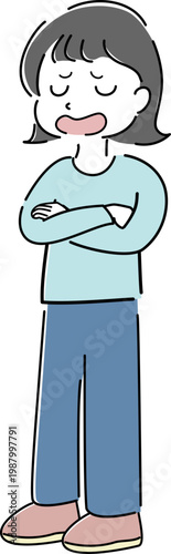 腕を組んで話す女性の全身シンプルイラスト（解説・諦め・呆れ・困惑・人物素材） /
Full body woman with arms crossed explaining simple line illustration (guidance, explanation, confusion, sigh, give up, fed-up, helpless gesture, people)