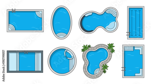 Set of Swimming Pool Top View Icons for Landscape Design Architecture Plans and Backyard Construction Projects Including Rectangular Oval Round and Kidney Shape