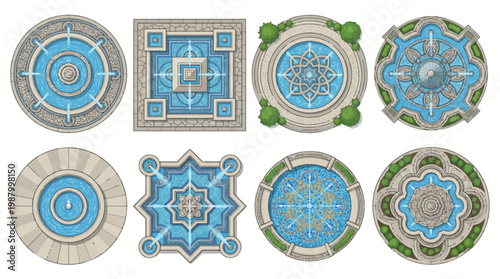 Top View Garden Fountain Vector Set with Various Intricate Shapes including Circular Square and Star Designs for Landscape Architecture and City Park Map Assets.