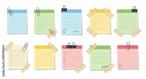 Collection of colorful sticky notes with paper clips and tape.