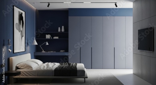 Modern minimalist bedroom interior with blue accent wall, large built-in grey wardrobe, integrated home office desk, elegant white bed, and contemporary wall art in a bright apartment
