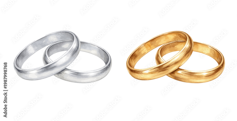 Wall Mural A charming watercolor collection of wedding rings featuring elegant gold and sil