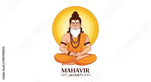 Lord Mahavir, depicted in a serene illustration for Mahavir Jayanti, showcases the Jain leader in a lotus position with prayer beads against a radiant halo, symbolizing devotion