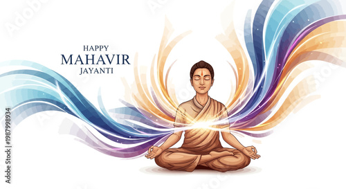 A serene illustration commemorates Mahavir Jayanti, showcasing a meditating figure in lotus position against a white background with radiant light and swirling blue and gold patterns