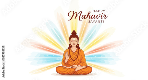 Against a white background, a vibrant Mahavir Jayanti greeting concept features Lord Mahavir in a meditative pose with hands gesturing, rendered with radiant light rays