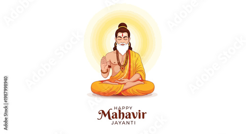Illustrated graphic of Lord Mahavir, the focus of Mahavir Jayanti, in a meditative pose against a glowing sun on a white background, commemorating the Jain religious festival