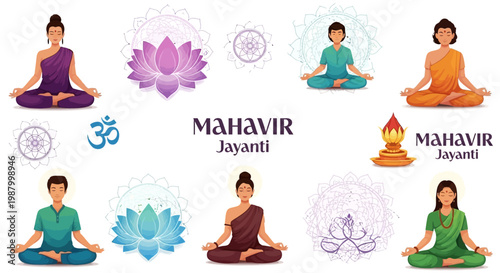Illustrated Mahavir Jayanti greeting concept featuring people meditating in lotus position and lotus flowers on a white background, conveying a peaceful religious concept with traditional