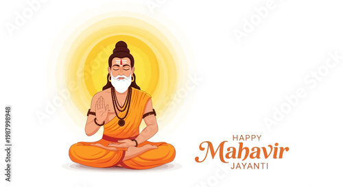 Illustrated depiction of Lord Mahavir in a meditative pose for Mahavir Jayanti, an Indian spiritual tradition and Jain religious festival, against a clean white backdrop with a warm, golden