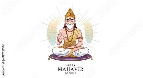 Illustrated depiction of Lord Mahavir for Mahavir Jayanti, the Jain festival, showing him seated in lotus position with a serene expression, set against a clean white background
