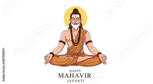Illustration depicting Lord Mahavir in a serene meditative pose for Mahavir Jayanti, the Jain festival, rendered with a flat design against a clean white background, embodying a peaceful