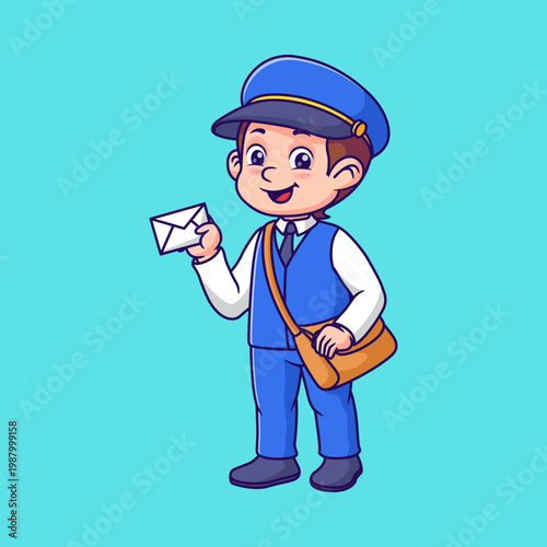 Cute Cartoon Postman Boy Character Holding an Envelope - Friendly Mailman Mascot Illustration for Delivery and Postal Services