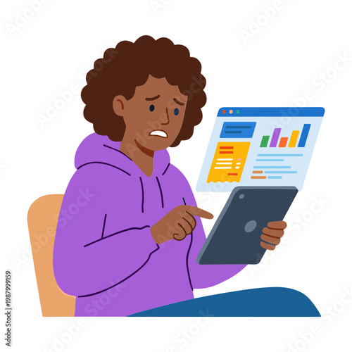 A frustrated person examines a tablet with a concerned expression while looking at a graph on the screen.