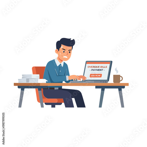 Man sitting at desk working on laptop with overdue bills on screen