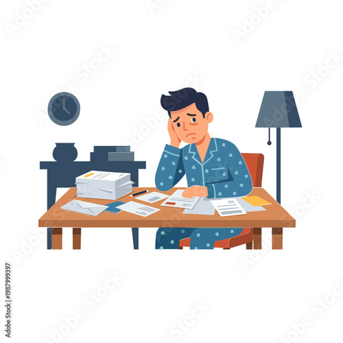 Man in pajamas sitting at desk with papers and clock